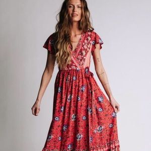 Pinkish red floral maxi dress from Clad & Cloth.
